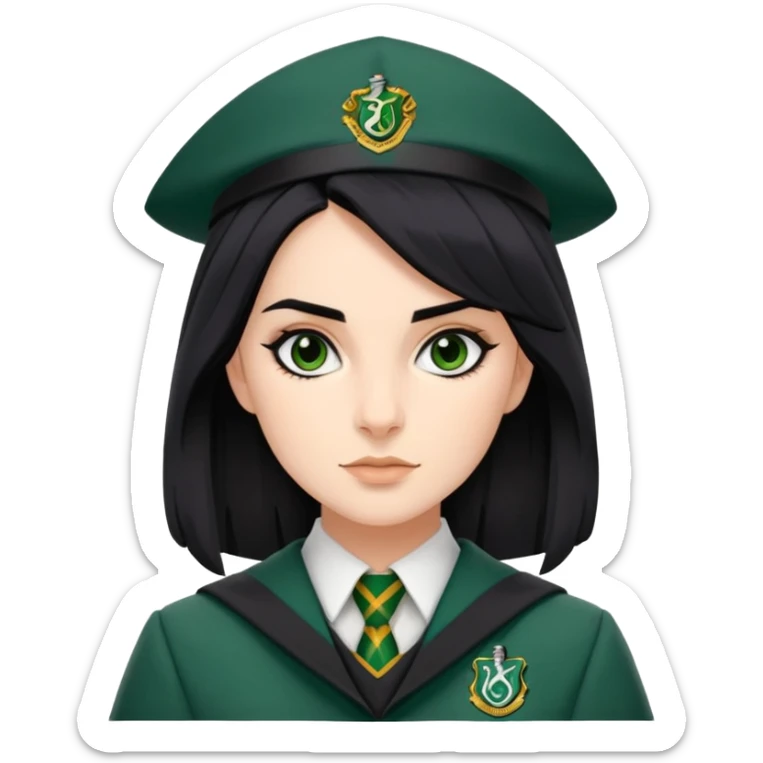 genevieve gaunt is Pansy Parkinson in harry potter, wear hogwarts slytherin uniform, black hair, not wearing hat sticker