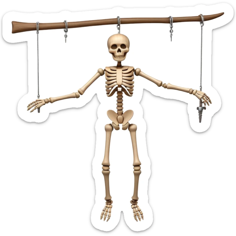 3D render of Skeleton Marionette as a wooden marionette puppet, Wooden bones, hanging loose, silver metal screw joints at elbows and knees, polished brown wood texture, rigid toy pose, Apple emoji style, isolated on white background --v 6.0. sticker