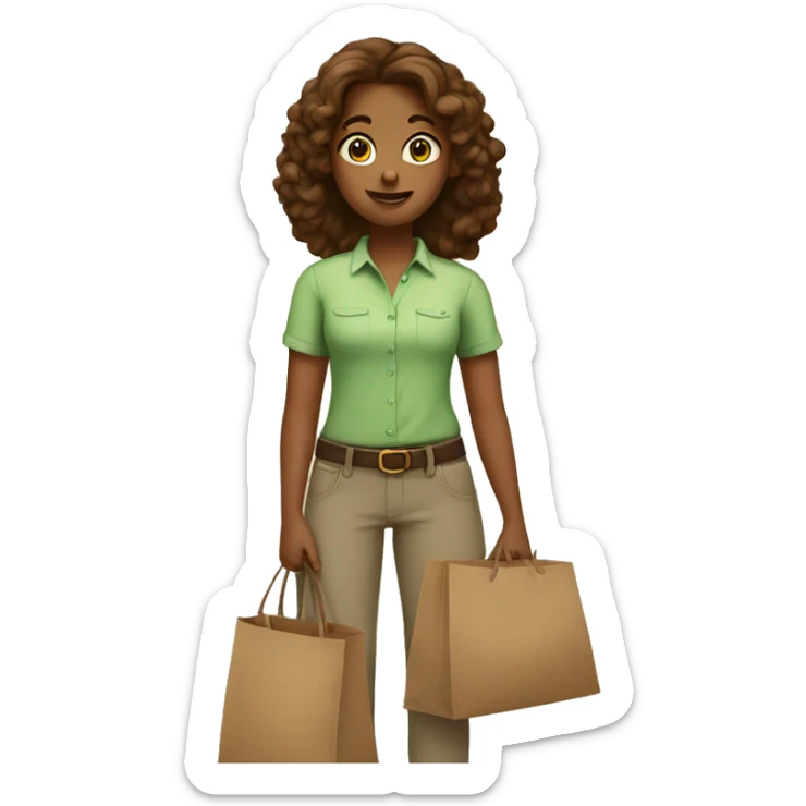 A girl in a light green shirt and pants, in her hands a brown bag sticker