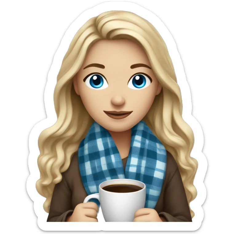 Dark blonde hair woman with blue eyes cozy plaid blanket with coffee sticker