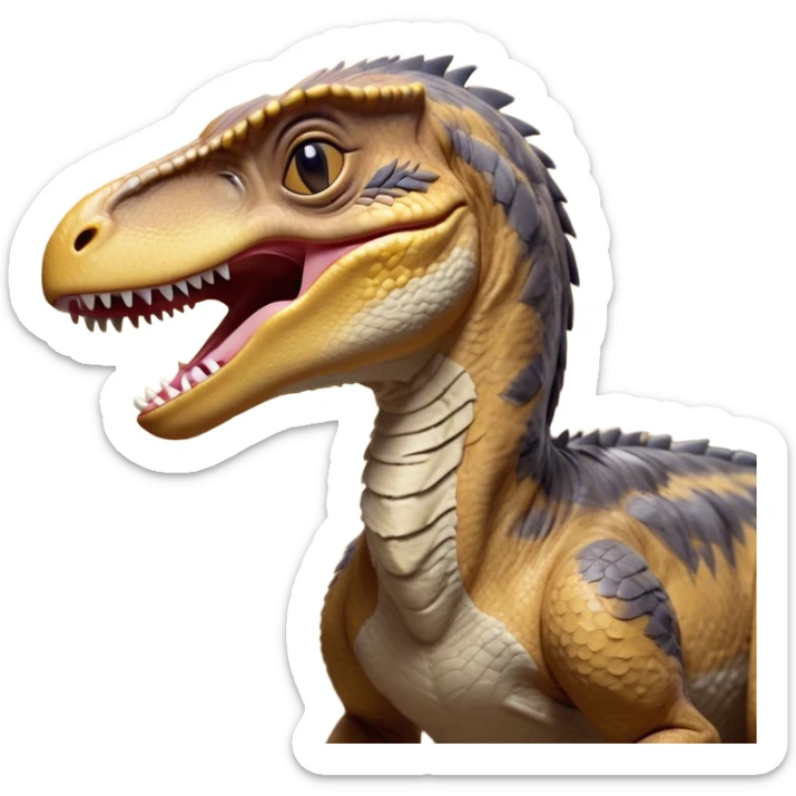 Cinematic Cute Yawning jurassic park Velociraptor Portrait Emoji, Head tilted slightly with a dramatic, wide-open yawn, showcasing a lean, powerful body with a relaxed snout and sleepy, half-closed eyes that hint at both ferocity and fatigue, Simplified yet irresistibly cute features, highly detailed, glowing with a soft, cozy prehistoric glow, high shine, relaxed yet expressive, stylized with a hint of whimsical ancient ease, soft glowing outline, capturing the essence of a drowsy yet endearing jurassic park Velociraptor that appears ready to stretch and yawn its way out of the screen! sticker