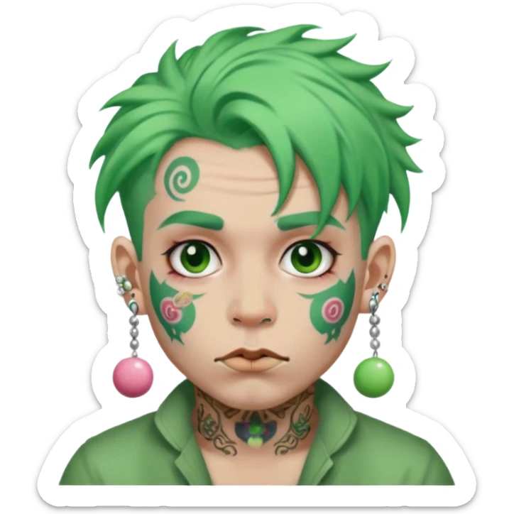 very colorful puffy green haired man made out of candy  and excessive face tattoos and excessive piercing just face  sticker