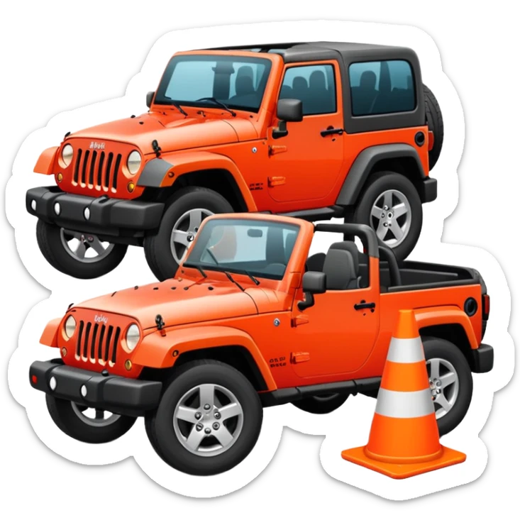 red Jeep Wrangler with an all-white traffic cone flattened under the tire, no stripes or markings, emoji style sticker