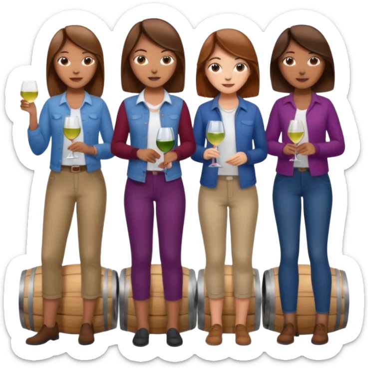 Make a photo of 5 project managers, specifically 3 girls with brown hair and 2 boys, that are making project for improvement of the winery sticker