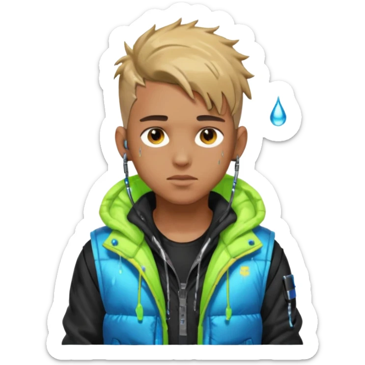 Cyberpunk street kid, male, messy undercut, puffer vest over hoodie, glowing earpiece, light stubble, brown eyes, neon reflections, raindrops, dark background. sticker