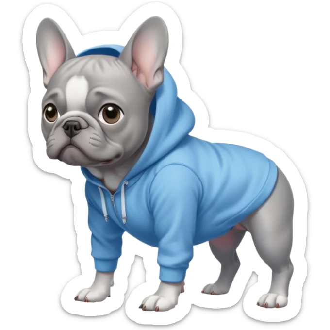 A full body grey French bulldog with blue eyes, on all fours wearing a light blue hoodie with the hood down sticker