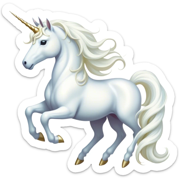 Cinematic Noble White Unicorn Portrait Emoji, Poised and regal, with a slender, ethereal form draped in a pristine white color, a flowing mane and tail, and a glistening, spiraled horn that radiates pure light, Simplified yet sharp and sophisticated features, highly detailed, glowing with a soft, iridescent luminescence, high shine, intelligent and transcendent, stylized with an air of mythical enchantment, focused and serene, soft glowing outline, capturing the essence of a watchful and confident white unicorn that appears ready to prance out of the screen with magical grace! sticker
