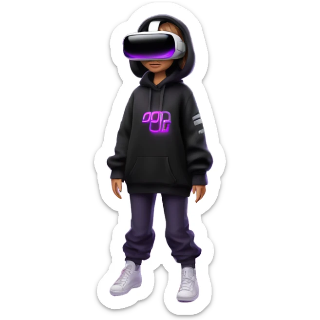 Russian girl wearing black hoody with violet letters "OMG", in vr headset oculus quest2. Standing like jedi. Cyberpunk style. Violet neon. sticker