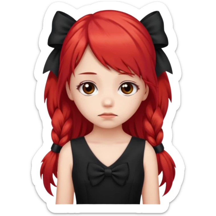 red long twin tail hair girl with black bow on her hair wearing black dress with a sad face sticker