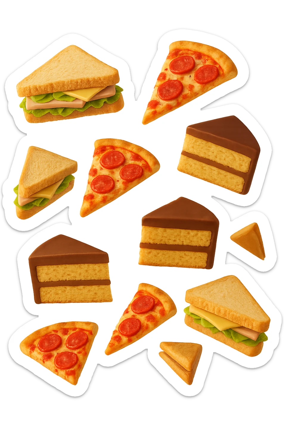 pizzette, fette di torta e panini, fluttuano in aria in 3d, sfondo bianco sticker