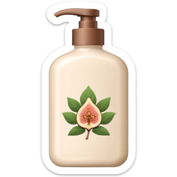 Emoji-style illustration of a minimal body lotion bottle inspired by tea and fig fragrance.
Elegant, calm color palette, soft beige or ivory bottle, subtle botanical mood,
flat design, clean lines, modern beauty branding aesthetic, no logo, no text. sticker