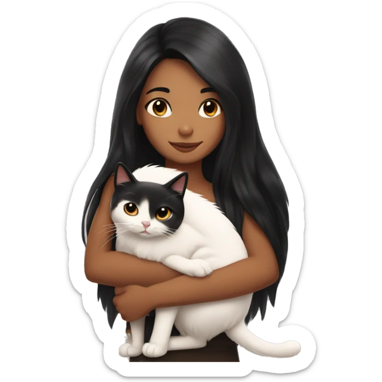 girl with very long black hair and caramel skin hugging a white cat sticker