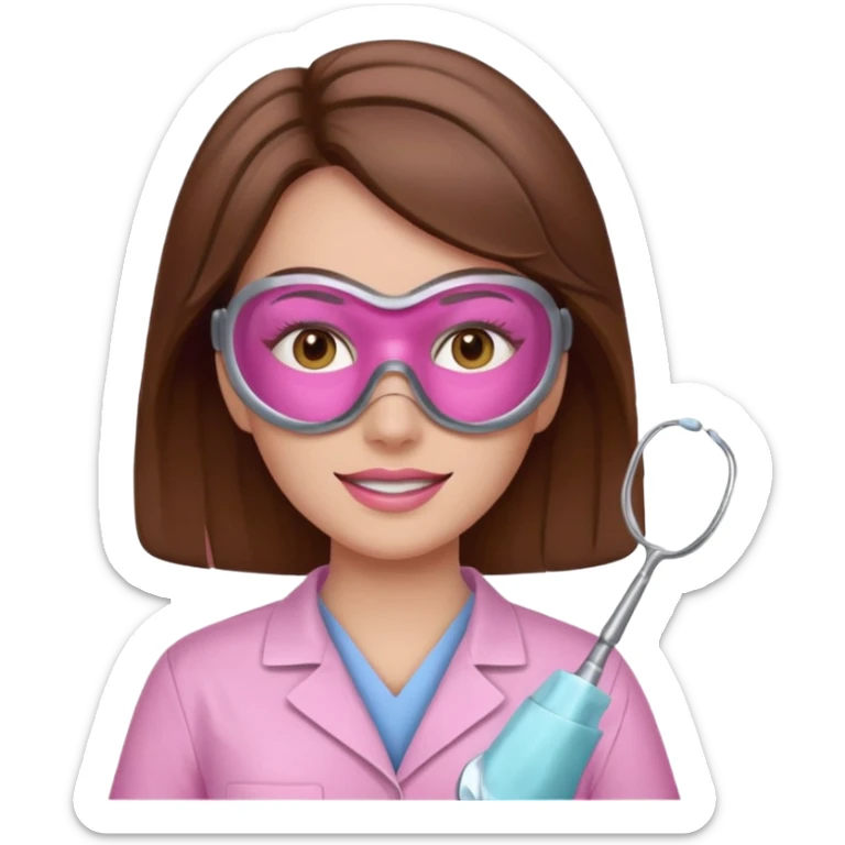 Dentista mujer con mascarilla rosada, cabello marron, piel blanca, camisa rosada, ojos marrones, sin lentes sticker