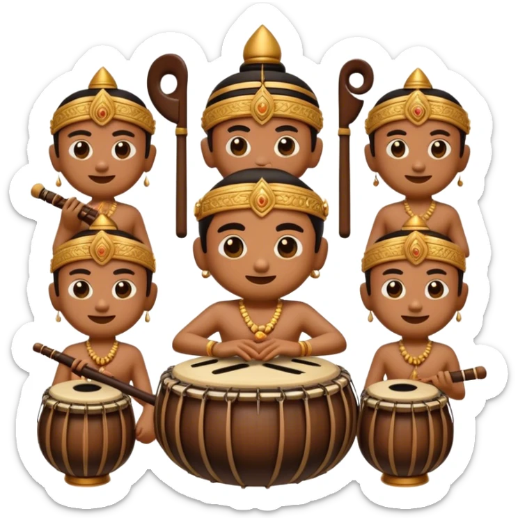 Cinematic Realistic Gamelan Pop Culture Emoji, depicted with an ensemble of traditional Indonesian instruments rendered with rich textures and rhythmic, cultural lighting. sticker