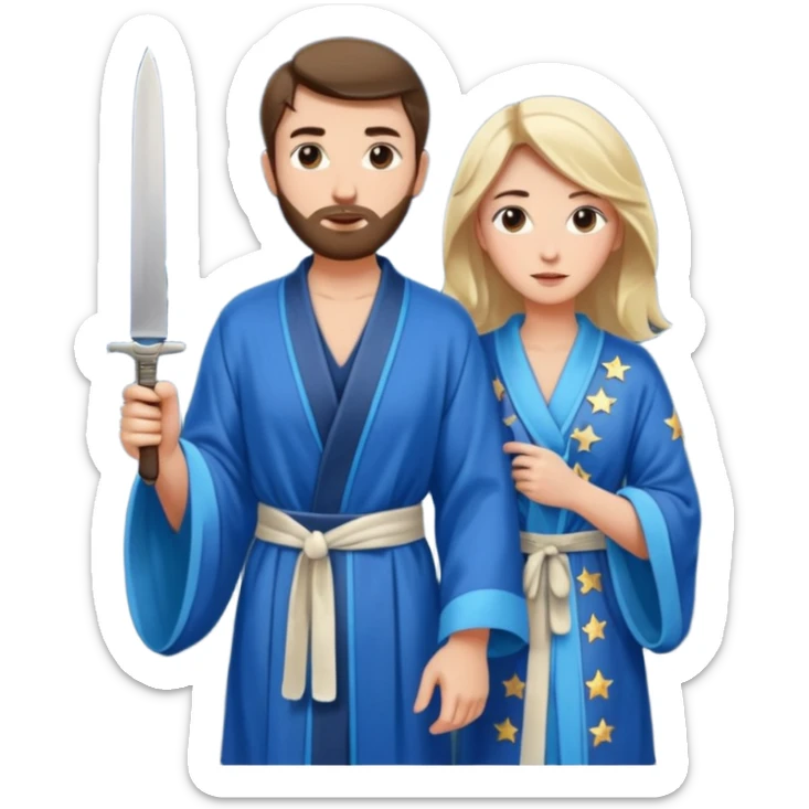 An upright Europe (a tall woman), wearing a blue, flowing robe with stars on the hem. In the background stands a man, with a knife sticker