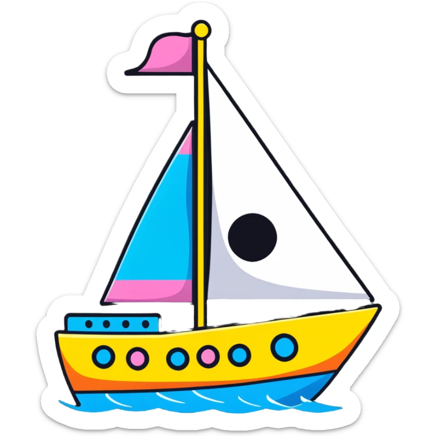 A cartoon toy sailboat with a beaming happy face, colorful sails and tiny portholes sticker