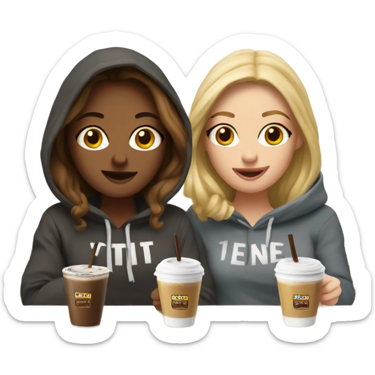 a blonde friend and a brown haired friend having a cold coffee dressed in hoodies sticker