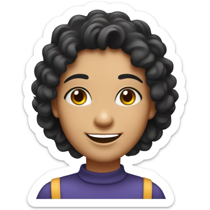 Create a cartoon-style emoji of a smiling woman with curly black hair, bright eyes, and a cheerful expression. Simplify features into a vibrant and friendly emoji design with a focus on the face and hair sticker