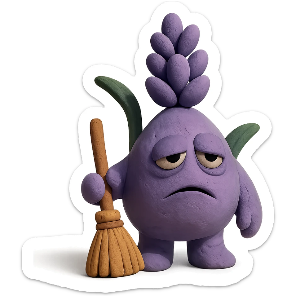 chubby lavender-colored lavender flower character with droopy eyes and a tired face, holding a tiny broom, claymation style sticker