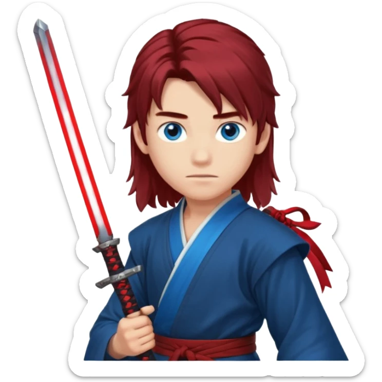 A 14 year old with red glowing katana and his hair be long and eye colour of blue make it boy  sticker