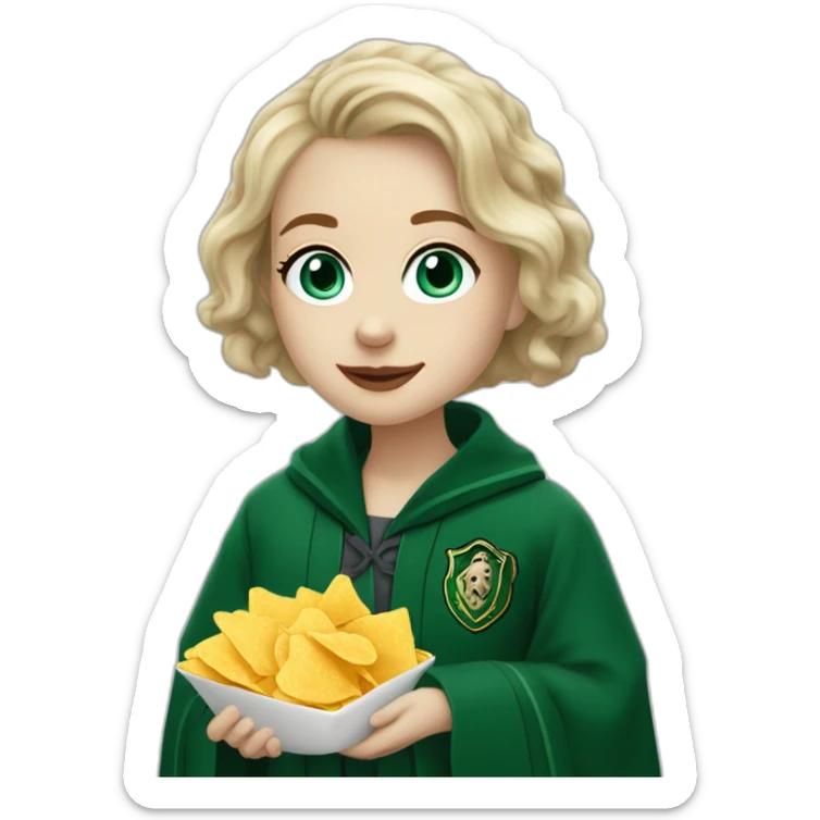 Blue eyes Slytherin girl with short wavy ash blonde hair eating chips and cheese hogwarts robe sticker