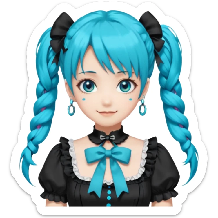 anime-style female character with bright turquoise hair styled in twin tails and matching blue eyes. Her outfit is a frilly turquoise and black dress in a Lolita-esque style, heavily contrasted with black ribbons and trim. A key detail is the"AWP" logo printed in black on the chest. happy variant sticker