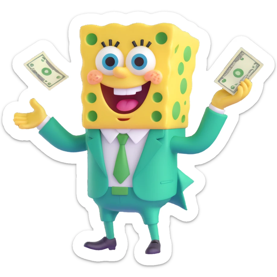 SpongeBob in a fancy green suit, fanning out cash, excited look sticker