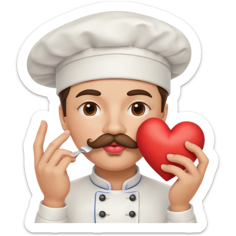 Happy puckered lips emoji with mustache wearing chef hat kissing emoji heart at pinched fingers emoji sticker