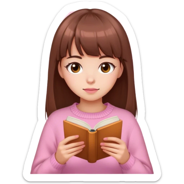 Pretty brown eyed white girl with brown bangs pink sweater reading cozy sticker