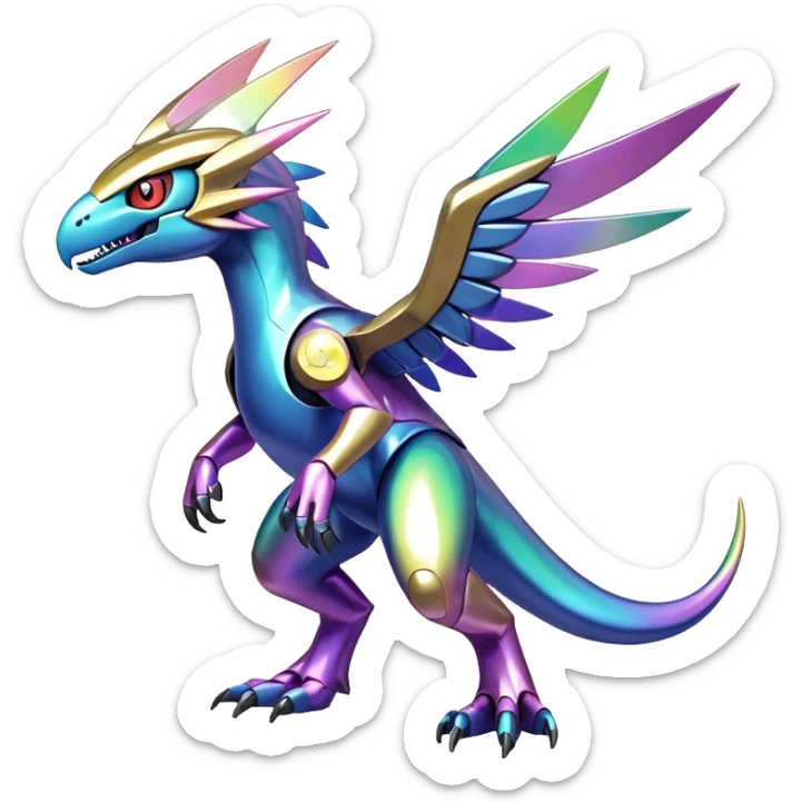 Shiny Futuristic Celestial Iridescent Fakemon-Pokemon-Digimon-Spectrobes-Raptor-fusion, full body sticker