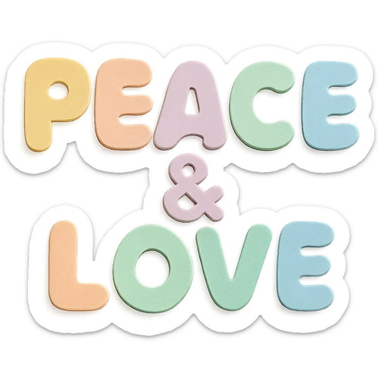 "Peace & Love" in soft pastel rainbow rounded bold letters, kawaii cute font, no border, transparent PNG sticker