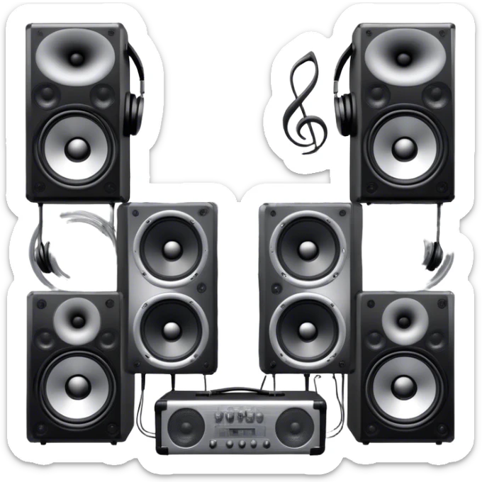 Icon for R&B Music Listening: large concert speakers and headphones with waves of musical notes coming out, along with drums and bass guitar and saxophone. The icon should convey the energetic and rhythmic vibe of R&B music. Transparent background sticker