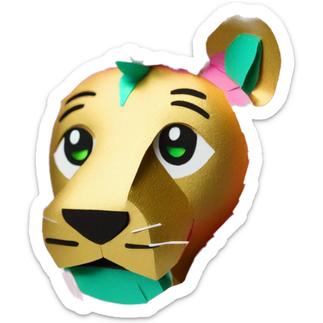 lion made of colourful cyan pink gold piñata paper strips with green eyes sticker