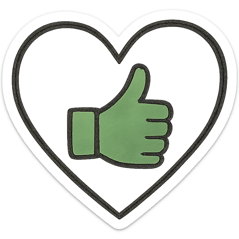 minimalist green thumbs up emoji inside heart, white background, conveying message all is well and safe sticker