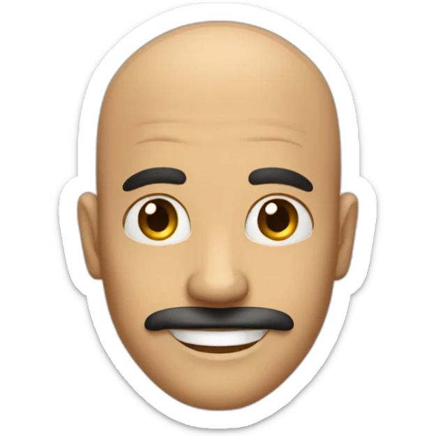 Bald man with big black mustache and tan skin and a big smile and smiley eyes sticker