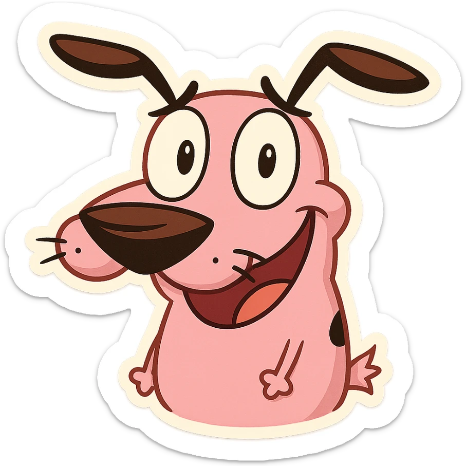 Courage the Cowardly Dog emoji, smiling, pink dog, big nose, cartoon style sticker