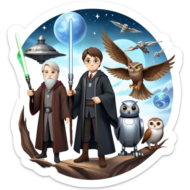 Icon for Fantasy and Sci-Fi Movies: Collage featuring Harry Potter with his wand, Dumbledore, Luke Skywalker with a lightsaber, and futuristic robots. Background with a magical planet, Hogwarts, flying owls, and spaceships. Epic and magical atmosphere. Transparent background. sticker