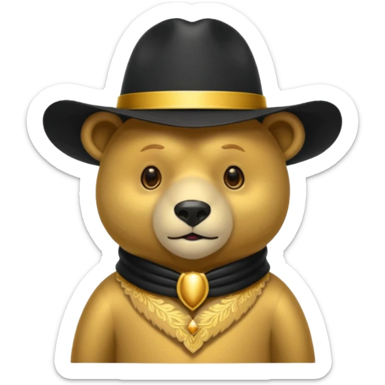 Oso dorado con un sombrero elegante    negro y  en   su cuello un moño negro sticker