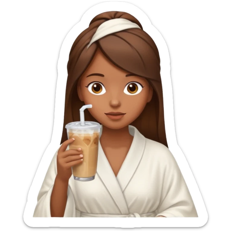 Side profile of a girl with brown hair in a robe and towel sipping iced coffee sticker