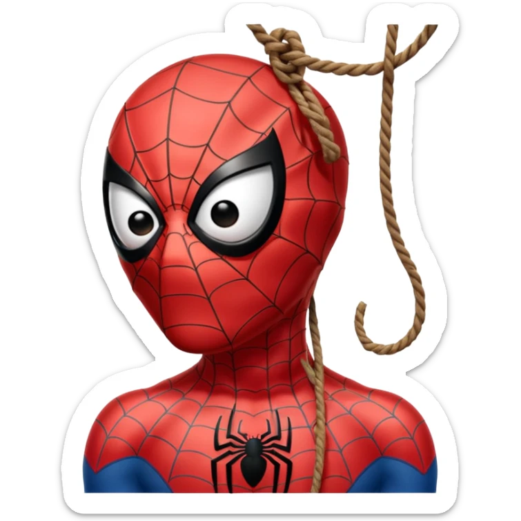 spiderman hanging himself with a noose made of webs by the throat sticker