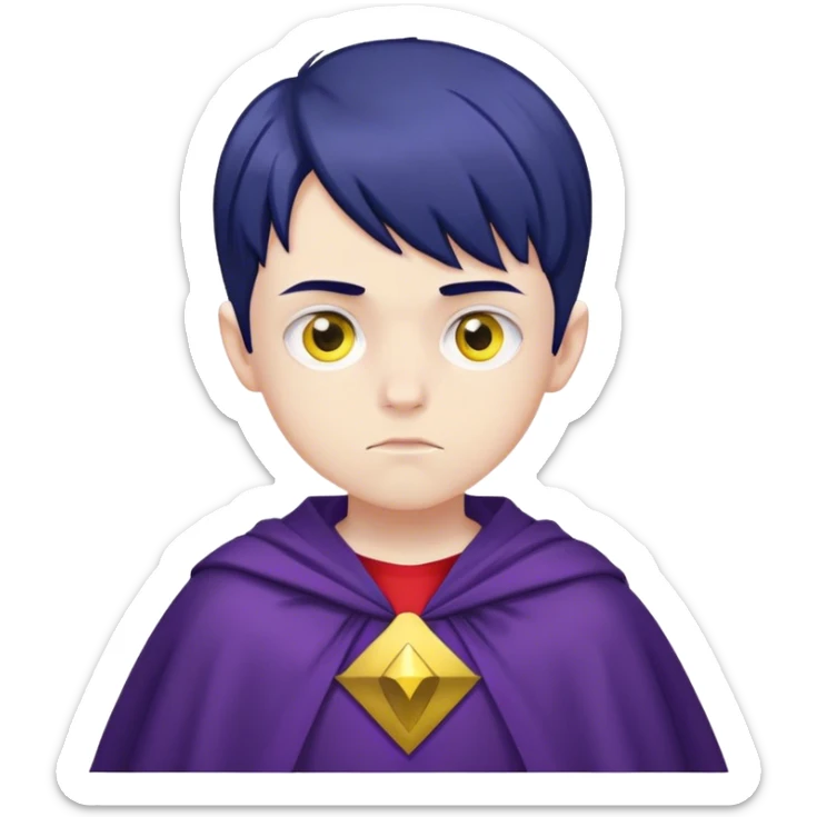 pale boy (13 years old) with a gloomy face. navy blue hair and yellow eyes. wearing a purple cape, red blouse and navy blue pants sticker