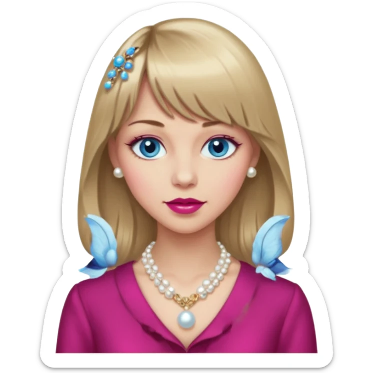 Woman with long dark blond hair and bang, blue eyes, raspberry lip, with classy clothe emoji sticker