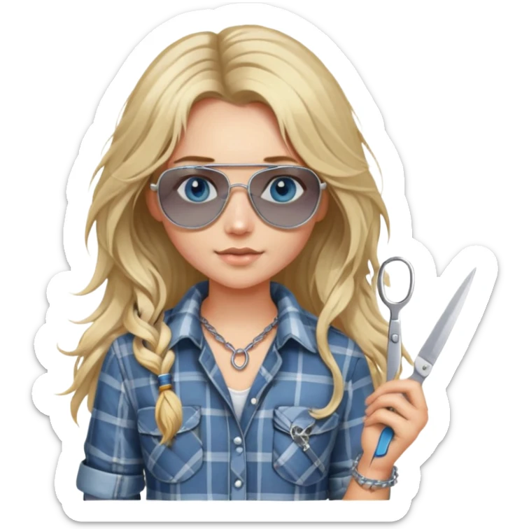 girl with long blond messy hair wearing grey plaid shirt with blue eyes and aviator sunglasses wearing a ring on her silver necklace, holding scissors sticker