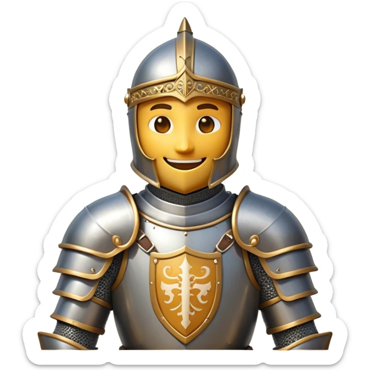 Clash of Clans aesthetic Cheerful Knight Portrait Emoji, With a radiant smile and an upright, confident stance, featuring an elegantly armored figure with intricate detailing and shining accents, his face in a natural skin tone, Simplified yet expressive features, highly detailed, glowing with a soft, luminous aura, high shine, upbeat and noble, stylized with an air of classic medieval heroism, soft glowing outline, capturing the essence of a cheerful knight ready to embark on legendary adventures! sticker