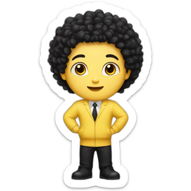 A white kid with black curly hair wearing a banana suit sticker