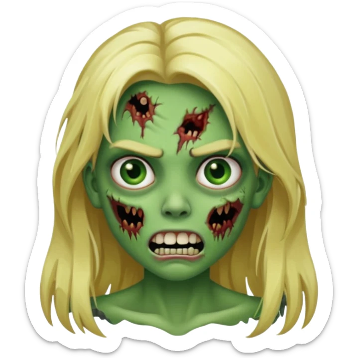 girl zombie with blonde long hair with teeth green skin and serious face sticker