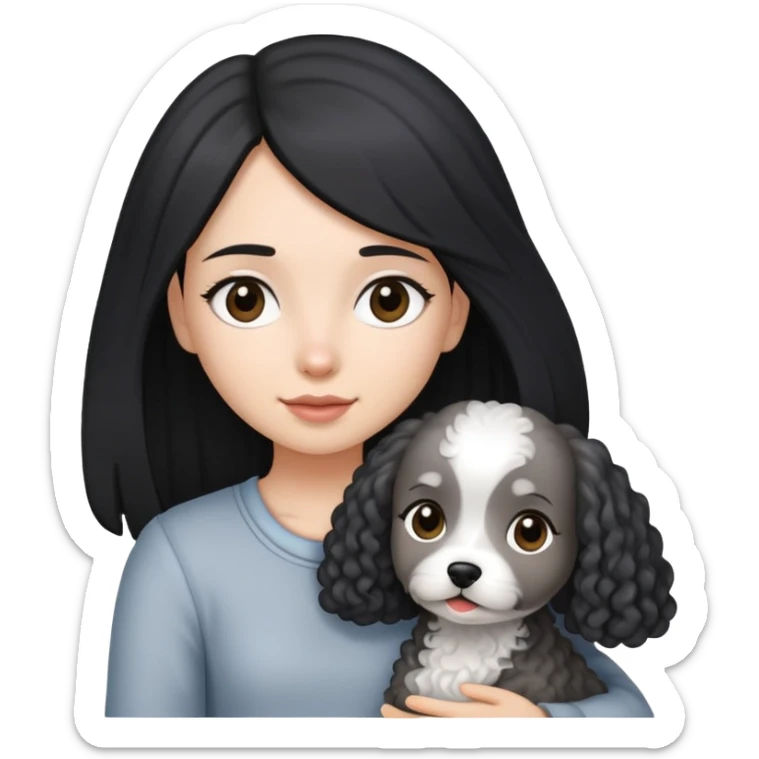 A girl with long straight hair holding a small light gray curly-haired dog sticker
