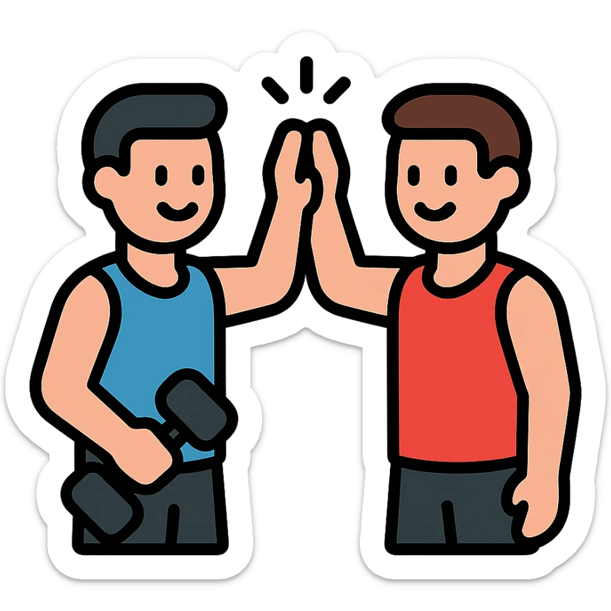 two male gym buddies high-fiving after a workout, clean lines, fitness theme, icon style sticker