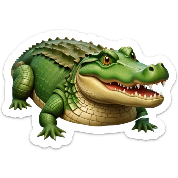 cinematic-crocodile-realistic-full-body-lounging-emoji,-massive-scaled-body-partially-submerged-in-shallow-water,-head-tilted-dramatically,-rough-green-and-brown-hide-textured-with-deep-ridges,-simplified-yet-realistic-focused-features, head held high sticker