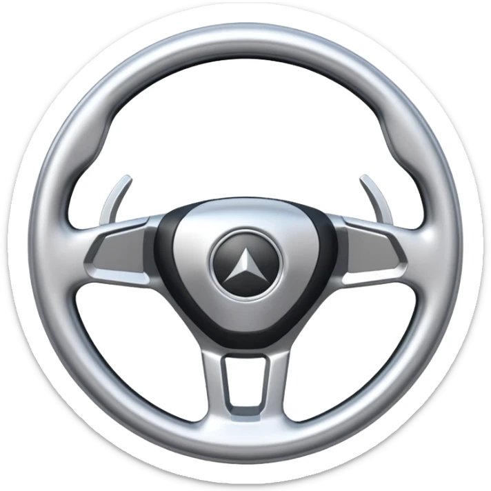A futuristic steering wheel emoji made of silver chrome, minimal geometric design, smooth metallic surface, soft reflections, iOS emoji style, centered, clean white background sticker